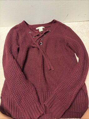 Kaisely Lace-Up Waffle Knit Sweater - Burgundy